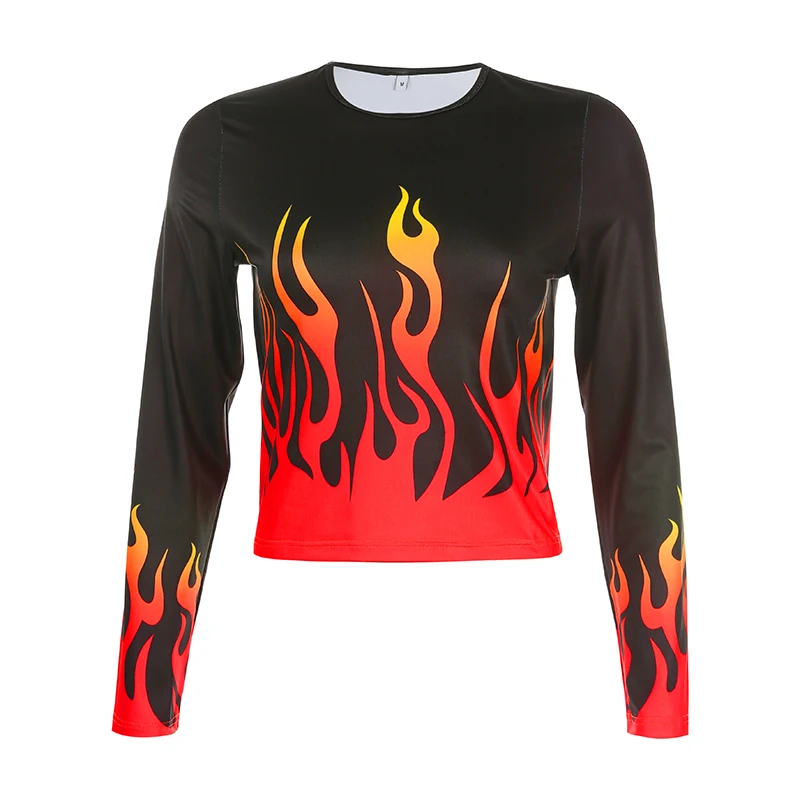 HEYounGIRL/женская футболка Харадзюку с принтом пламени огня, повседневная черная женская футболка с длинным рукавом, топы, футболки, высокая уличная укороченная футболка - Цвет: Красный