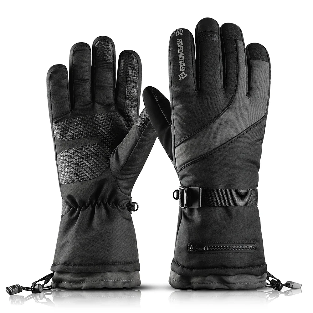 Мужские зимние лыжные перчатки, четырехслойные водонепроницаемые и бархатные теплые перчатки для сенсорного экрана, женские нескользящие перчатки с карманами для верховой езды - Цвет: black