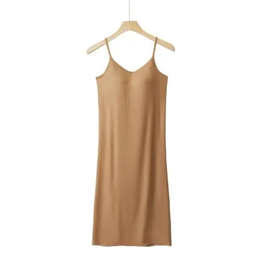 Sexy Modal Cotton Night Dress Women Sling Bra Padded Nightgowns Female Summer Loose Sleepwear Nightshirt Bottoming Lingerie Caramel