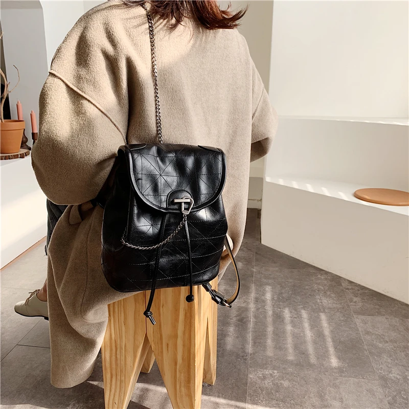 YASICAIDI Plaid PU Backpack Flap Pocket Women Rucksack Leather Chain Shoulder Strap Bucket Drawstring Bag Pack Lady Shoulder Bag