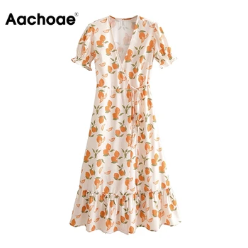 

Women Chic Lemon Print Dress Summer 2020 Ruffle V Neck Boho Beach Midi Dress Ladies Short Sleeve A Line Casual Wrap Dresses