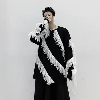 

IEFB / men and women's wear black white patchwork Color Lace Tassels Long Sleeve T-shirt streetwear 2020 autumn new Tide 9Y998
