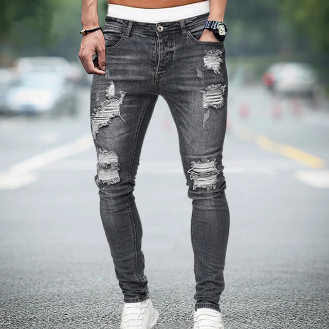 Streetwear 2021 Men's Black Ripped Jeans Men Skinny Hip Hop Denim Trousers Casual Men Jogging Jean Homme - Jeans -