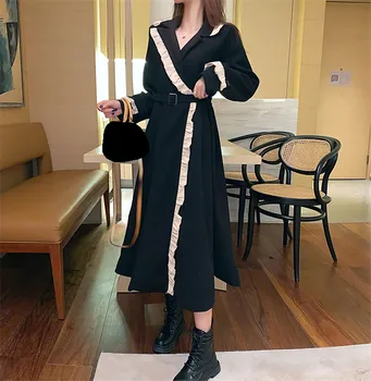 

Winter Women Slim Long Tweed Jacket Runway Fashion Ruffled Jackets Female Belt Waisted A Line Coats Elegant Vintage Coat Outfits