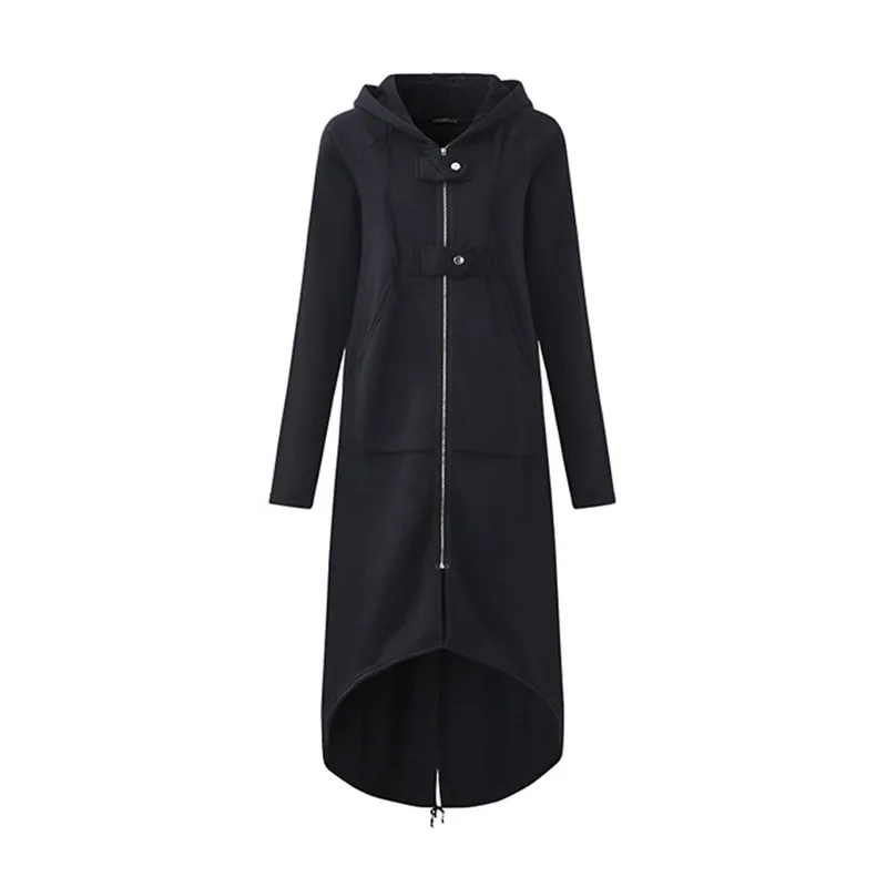Модный повседневный Тренч с длинными рукавами и капюшоном, осенний Черный плащ на молнии, большие размеры 5XL, вельветовые Длинные теплые женские пальто - Цвет: Черный