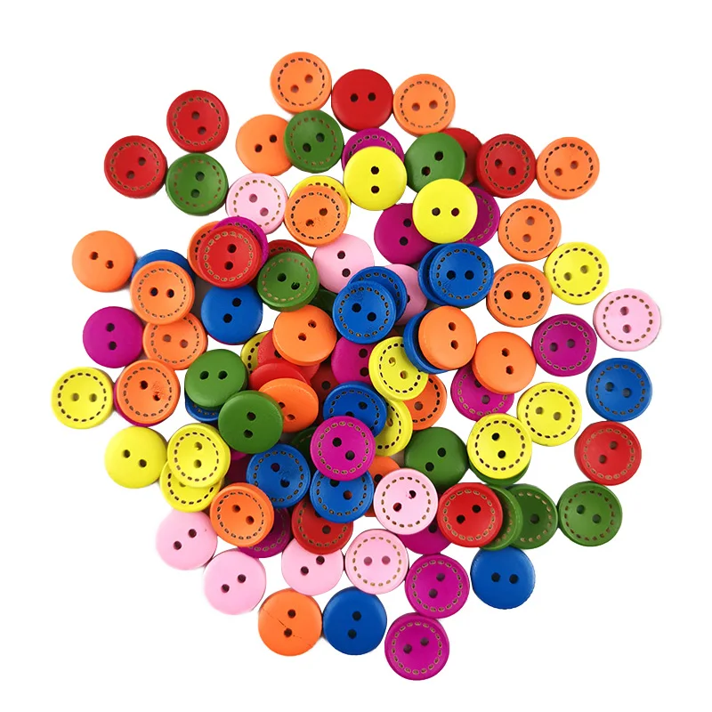 (100 Pcs/Pack) 2 Holes Mixed Colors Wood Buttons Maker For Craft Round Sewing Scrapbook Handwork DIY Dress Home Decoration