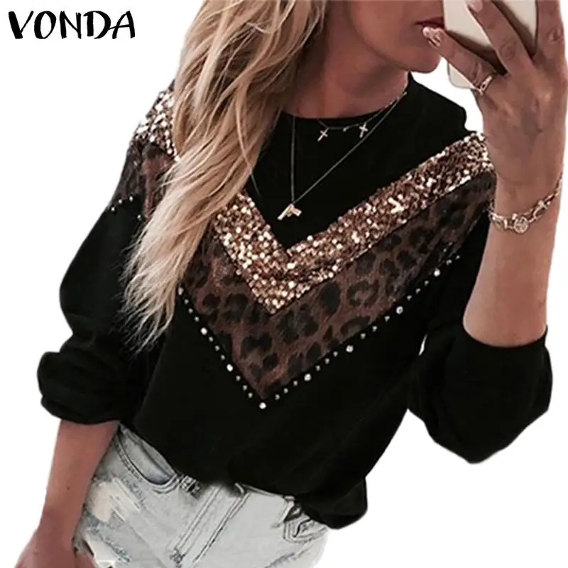 Черный VONDA, Свитера для беременных, женские леопардовые лоскутные блузки, повседневный вязаный свитер с длинным рукавом и круглым вырезом, вязаный свитер для беременных - Цвет: Черный