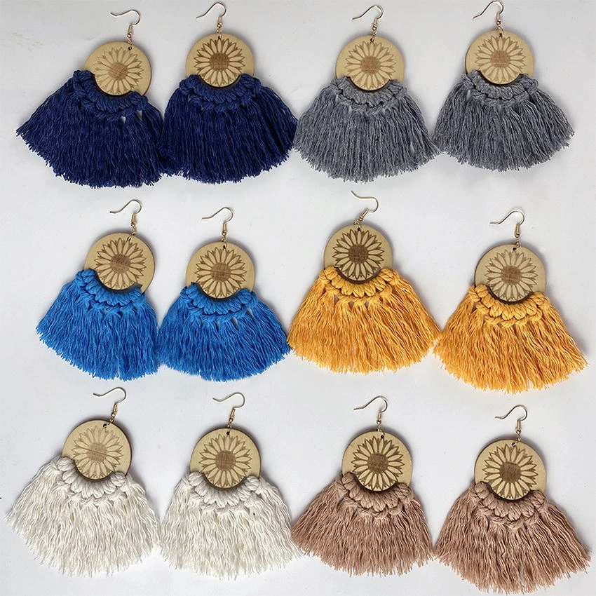 Pendientes de madera para mujer, aretes de macramé con forma de abanico, borla de tejido de colores, envío gratis|Pendientes con forma de gota| - AliExpress