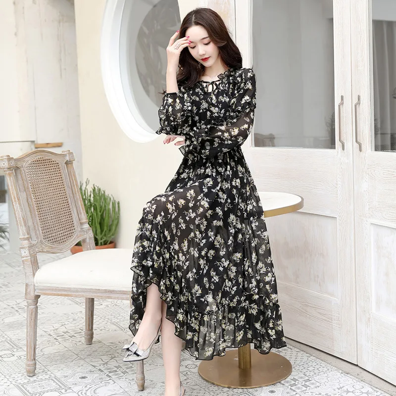 

Retro Base Skirt Brushed And Thick Floral-Print Chiffon Dress Women's Autumn And Winter 2020 New Style Large Black Dress