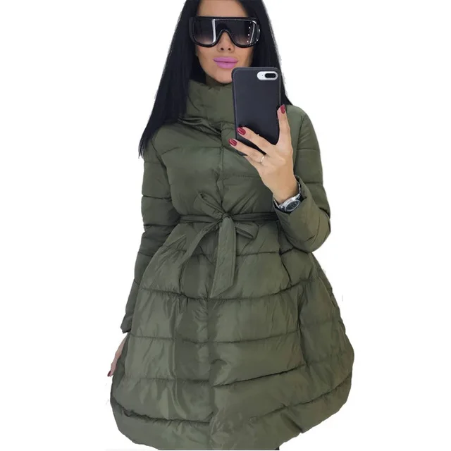 Army Green Зимнее пальто, женская юбка, парка, модная, с бантом, на талии, средней длины, со стоячим воротником, с хлопковой подкладкой, теплая куртка, Chaqueta Mujer Invierno - Цвет: Army Green