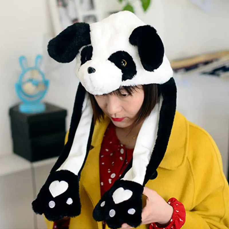Милые детские и взрослые Короткие Плюшевые 3D Мультяшные панды животных шляпа с движущимися ушами Двойная подушка безопасности лапы теплые ушные вкладыши игрушки Вечерние