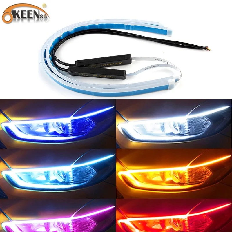 Ультратонкие дневные ходовые огни OKEEN, 30, 45, 60 см, гибкие мягкие направляющие трубки, светодиодная лента для автомобиля, белая, желтая, водонепроницаемая, с указателем поворота|Фара для авто в сборе|   | АлиЭкспресс