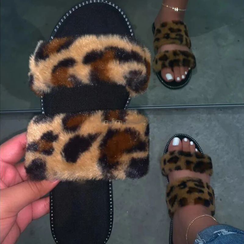 

Leopard Fur Slippers Home Wild Hair Slippers Pink Warm Sandals Female 2020 Women Streetwear Flip Flop Flat Leisure Slippers