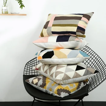 

45x45/50X30cm colorful embroidered geometric cushion cover pink plush throw pillow cover sofa waist pillow case indoor