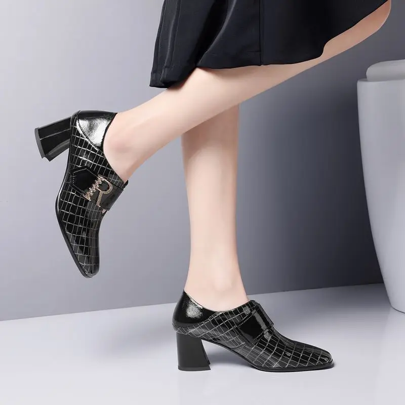 ALLBITEFO real genuine leather women heels spring autumn rhinestone office ladies shoes Square toe concise high heel shoes
