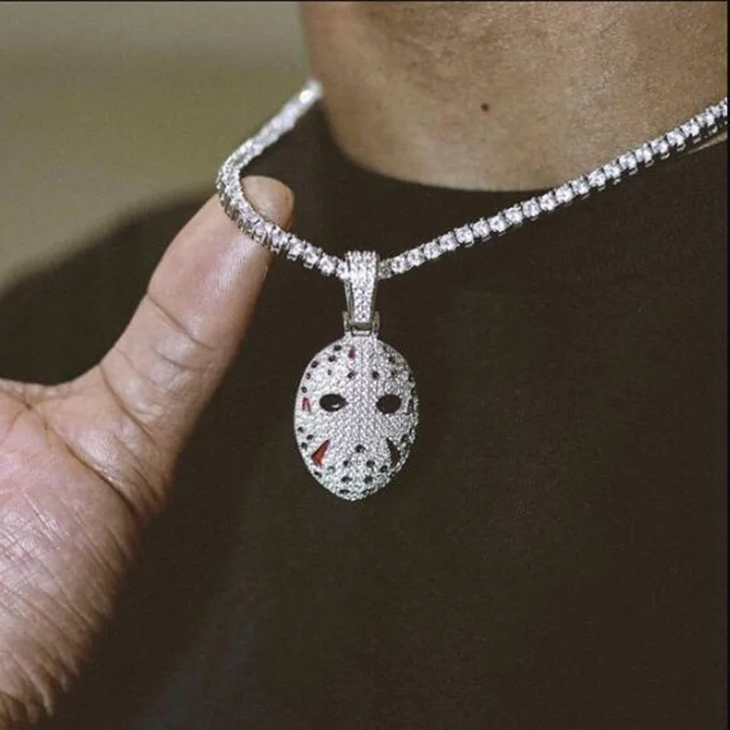 

ADWLOF Iced Out Bling Cubic Zirconia Jason Mask Necklaces & Pendants For Men Hip Hop Jewelry With Tennis Chain
