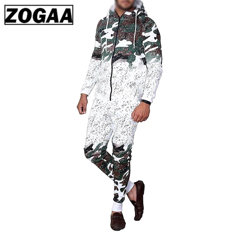 ZOGAA осенний комплект из 2 предметов, повседневная рабочая одежда, кардиган с капюшоном, модный Камуфляжный принт, мужской Hombre, милый спортивный костюм, костюмы для мужчин