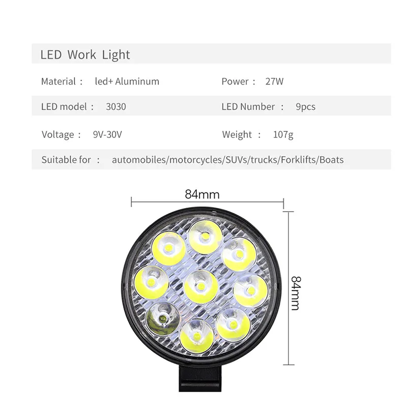 Круглая 27W светодиодный Подсветка 12 V-24 V внедорожные прожектор для подсветки заливающего лампы для автомобилей, для спортивных внедорожников, 4WD