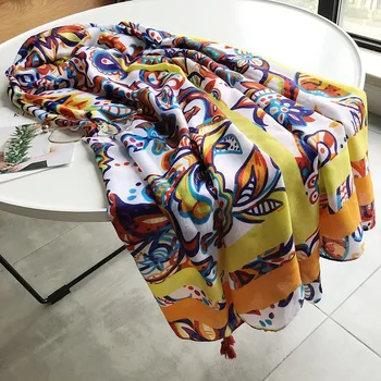 

2020 shawl women's new summer cotton and linen scarf printing tassel air conditioning shawl beach towel sunshade silk scarf