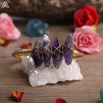 

Gold Copper Wire Wrapped Natural Amethysts Quartz Frreform Point Beads Open Cuff Bangles Bracelet Couple Crystal Bangle Jewelry