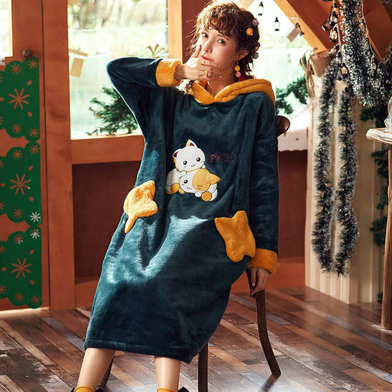 Winter Flannel Robe Warm Winter Long Sleeve Nightdress Female Nightgown Sleepwear Animal Cartoon Print Hooded Lounge Homewear
