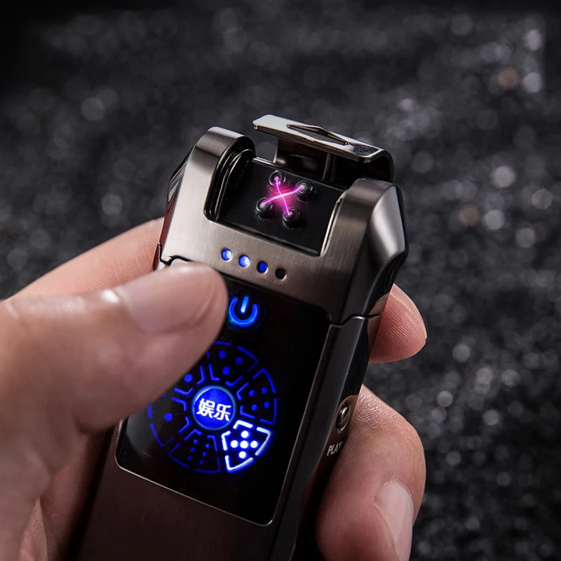 Double Arc Pulse Lighter USB Rechargeable Windproof Flameless Electric Lighters with Dice Play Screen