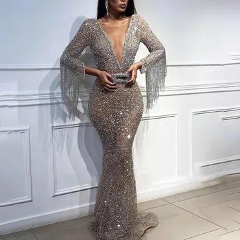 

Glittering Stage Performance Clothing Ladies Fashion Long Sleeve Tassels Deep V Belt Sexy Nightclub Performance Clothing S-XL