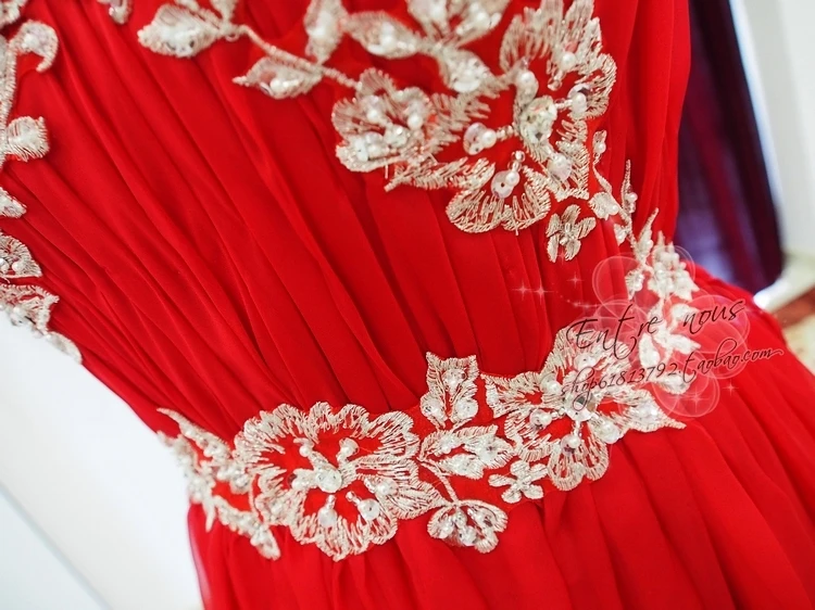 Robe de soiree красное шифоновое длинное платье для выпускного вечера стиль сексуальное с v-образным вырезом А-силуэта с аппликацией вечернее платье, расшитое бисером платья для подружек невесты
