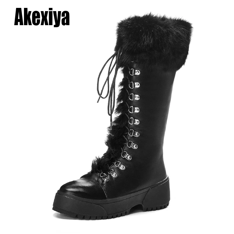 

The calf boots For Women Winter Shoes Low-heeled Boots Genuine Leather Botas Cross-tied Round Toe Boots Faux fur ladies Shoes