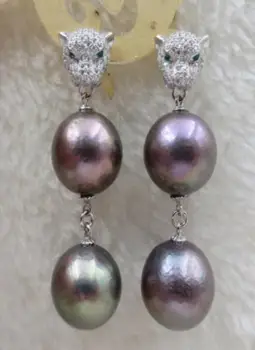 

BLACK huge Big near round 15mm Leopard head pearl earrings