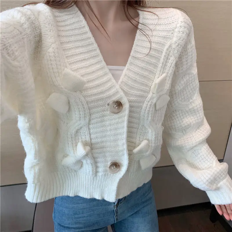 Cropped Bow Cardigans Women Sexy V-neck Single Breasted Sweaters Ladies Spring Sweet Elegant Cute Soft Fluffy Knitted Outerwear ugly christmas sweater