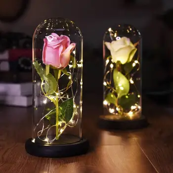 

Party Favors Beauty the Beast Red Rose w/ Fallen Petals in a Glass Dome on a Wooden Base for Christmas Valentine's Gifts F1