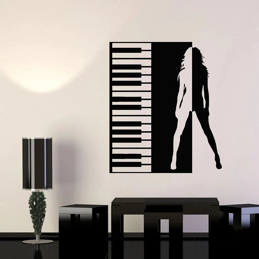 Фортепиано Ключ виниловая наклейка на стену красивая девушка силуэт Фигурка