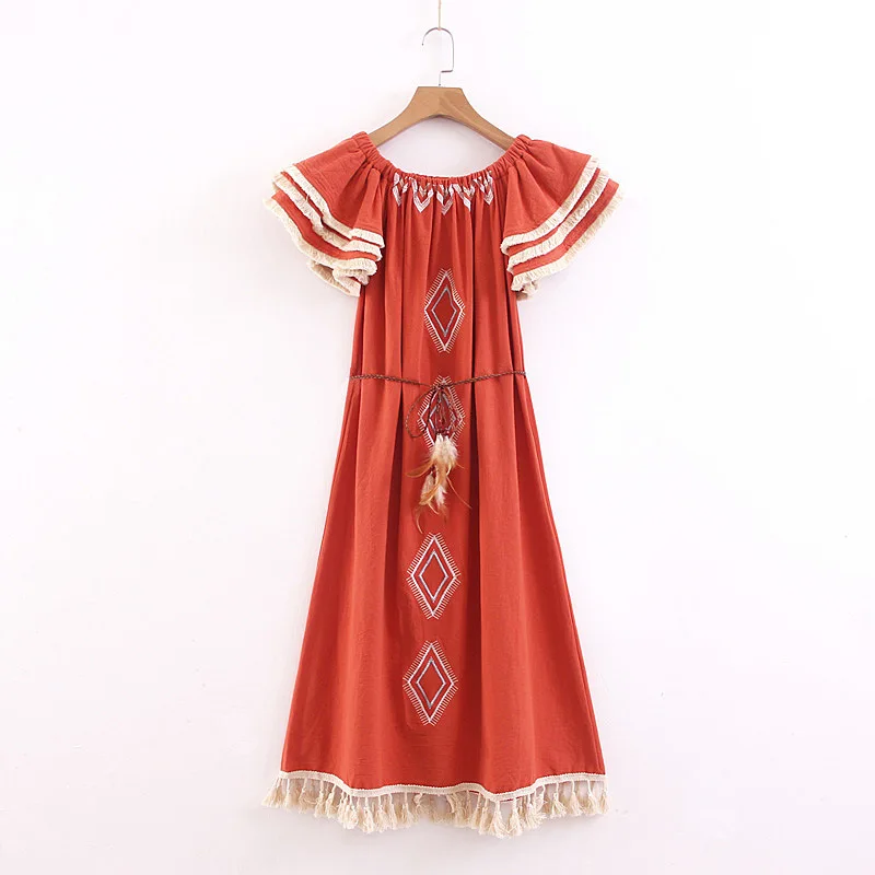 B6835-Western Стильное женское платье, опт, 19, Летний Стиль, для отдыха, стиль, горизонтальная горловина, перо, шнуровка, кисточка, платье
