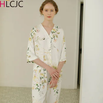 

Leaves Printing V-neck Short Sleeve Cardigan Shirt Long Trousers Cotton Women Pajamas Set Sleepwear Clothes for Home Pyjamas