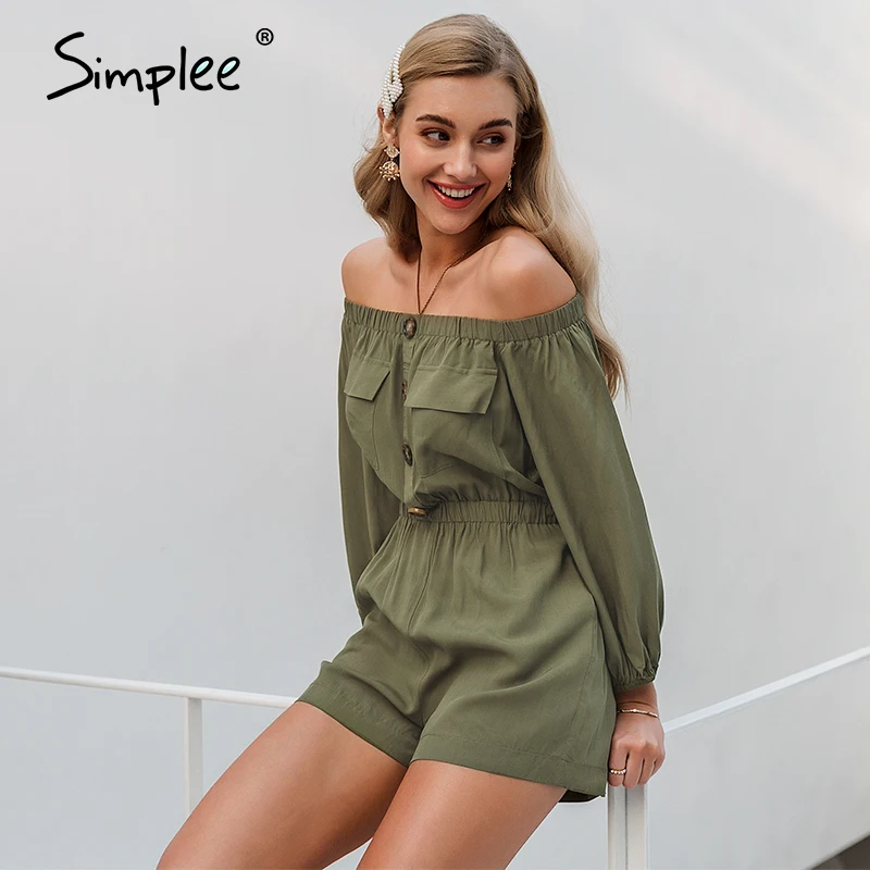 Simplee Повседневный женский комбинезон с открытыми плечами, рукав-фонарик, пуговицы, комбинезоны с карманами, комбинезон, весна-лето, офисные женские комбинезоны