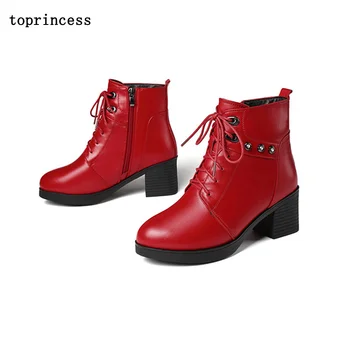 

BN15 TOPRINCESS Red And Black Round Toe Boots Platform Ankle Boots 2 Linings Winter And Fall Boots For Ladies Warmth And Comfort