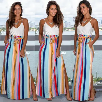 

Women Lady Fashion Boho Floral Long Maxi Summer Sleeveless Beach Dress Casual Summer Dress Striped High Waist Holiday Dress