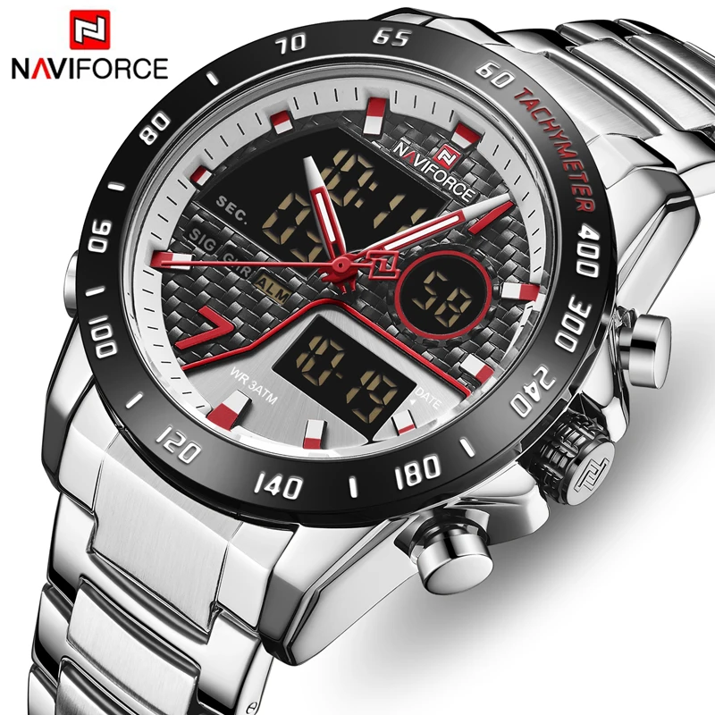 Лидирующий бренд, NAVIFORCE, мужские роскошные часы с двойным дисплеем, мужские Модные Аналоговые Цифровые кварцевые часы из нержавеющей стали, мужские спортивные часы