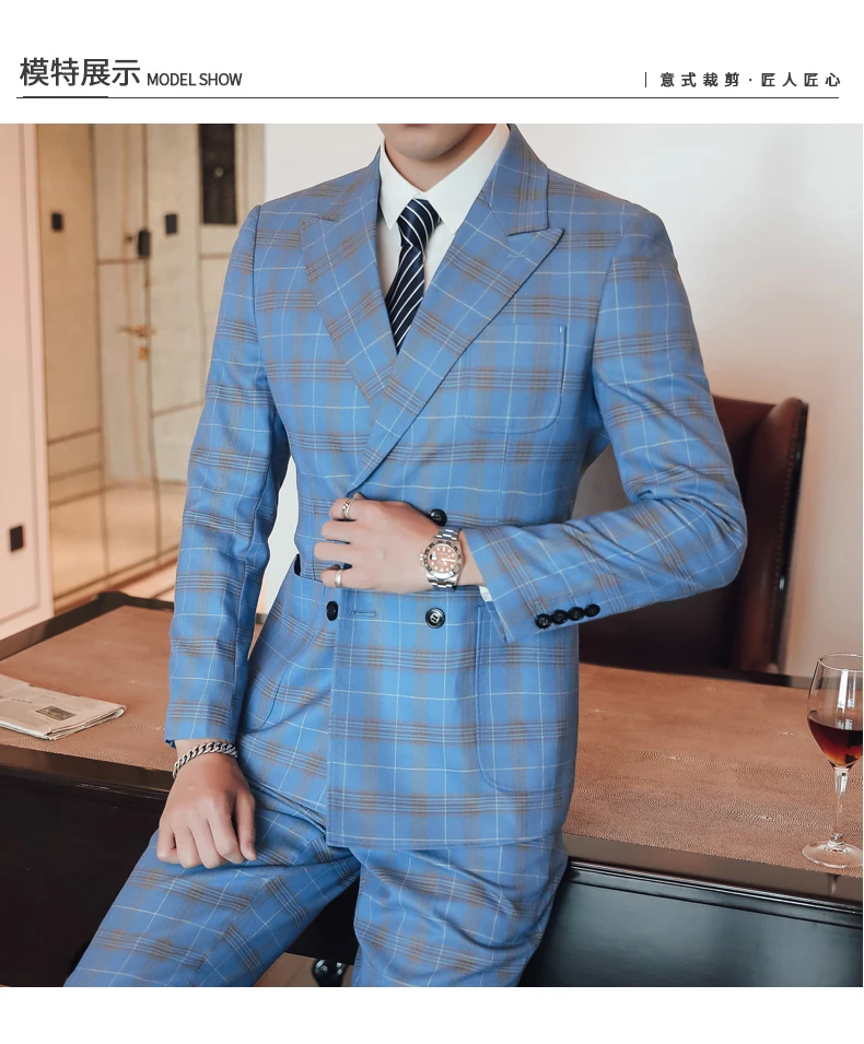 Пиджак+ жилет+ брюки) роскошный высококачественный модный клетчатый мужской деловой Повседневный синий костюм комплект из 3 предметов жених свадебное платье смокинг