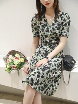 

100% Silk Women Wrap Midi Dress V-neck Puff Sleeve Leaf Printed Lace-up Ladies Dress for Holiday