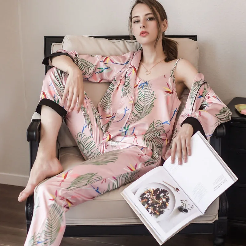 

Pajamas women's three-piece autumn and winter long-sleeved sexy silk home service satin printing sling trousers sleepwear sets