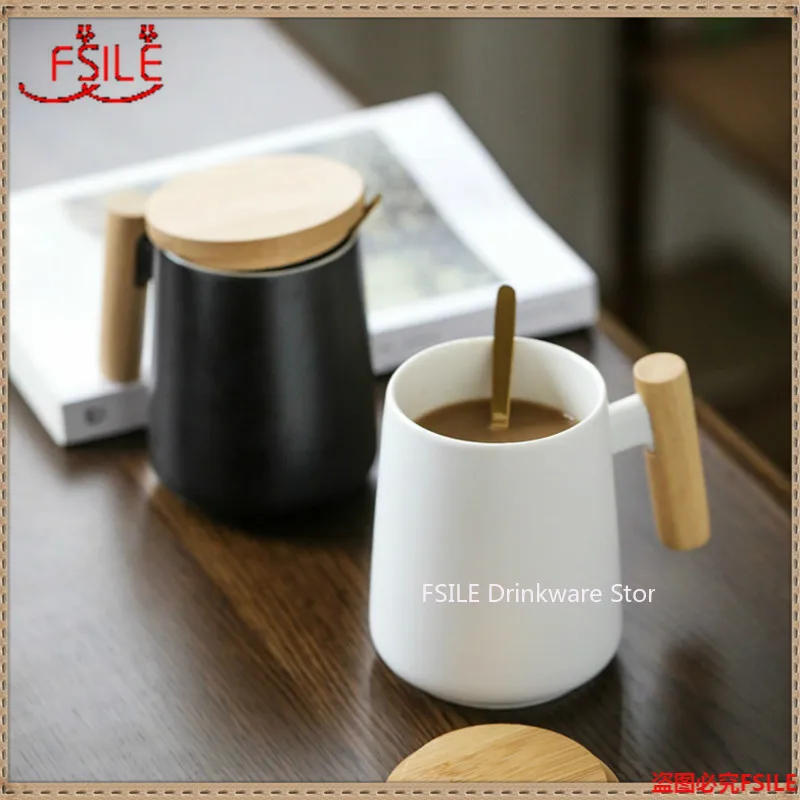 480ml Nordic New Design Simple White Black Ceramic Coffee Mug with Wooden Handle Water Cup for Business Gift Modern Style Mugs | Дом и сад
