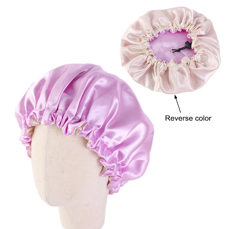 Регулируемая Шапочка для сна для девочек, ночная тюрбан, детский однотонный головной убор, милая шапка, аксессуары для волос, детская шелковистая Атласная шапочка, двухслойная - Цвет: Purple