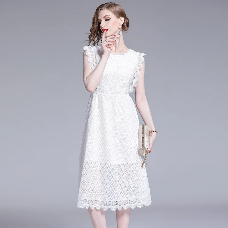 

2019 Summer New Style Europe And America WOMEN'S Dress New Style Summer Mid-length Sleeveless Dress Women's Hollow out Lace Skir