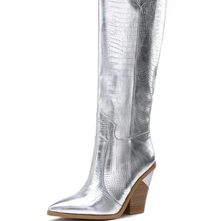 Серебристый Prove Perfetto Rome Style Genuine Leather Women Knee-high Boots Sexy Night-club Boots Female High Heel Leather Pointed Toe Boots - Цвет: Серебристый