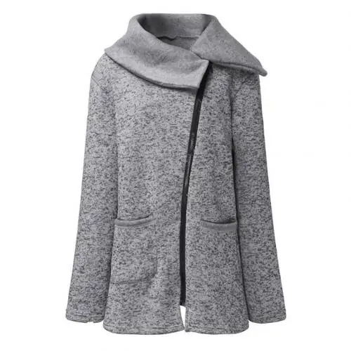 Sudadera mujer размера плюс, зимнее теплое Женское пальто с отворотом, одноцветное, на молнии, с длинным рукавом, туника, верхняя одежда - Цвет: Light Gray
