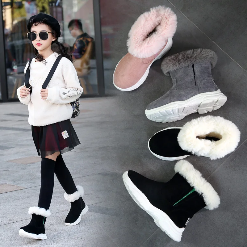 Модные теплые ботинки для девочек; зимние детские ботинки с густым мехом; Верхняя часть из натуральной замши; нескользящая резиновая хлопковая обувь для принцессы