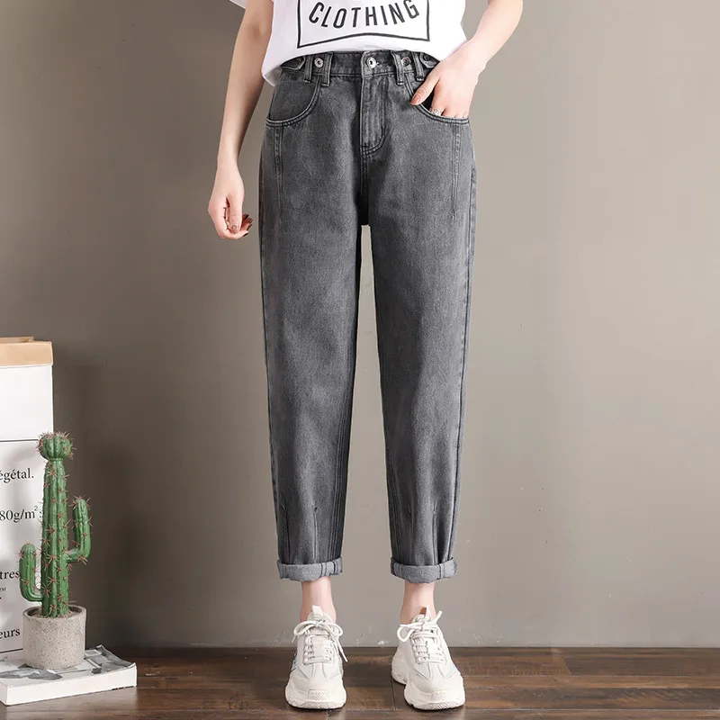 Tataria, джинсы с высокой талией для женщин, Джинсы бойфренда, женские шаровары, штаны длиной до щиколотки, женские свободные повседневные джинсы, размер 26-32 - Цвет: Black grey