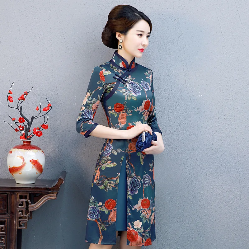 Новое поступление осень Aodai Женские китайские традиционные платья из вискозы с цветочным принтом Qipao воротник стойка Тонкий Cheongsam Размер M-5XL